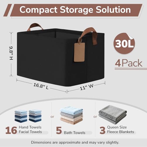 CHICVITA 4 Pack Large Storage Baskets for Shelves, Collapsible Shelf Baskets for Organizing, Fabric Closet Organizers and Storage Bins with Metal Frame, 16.8" x 11" x 9.8", Black - color: Black, size: 30L (16.8"L x 11"W x 9.8"H)