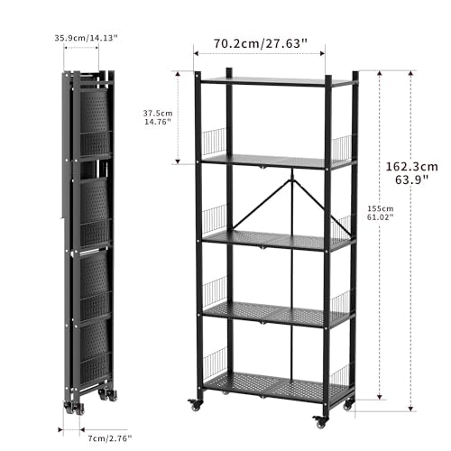 Folding Storage Shelves, Heavy Duty 5-Tier Metal Foldable Shelf Shelving Rack Organizer On Rolling Wheels in Kitchen Garage Apartment Pantry Basement No Assembly , 1100 LBS Capacity (Black, 5-Layer) - color: Black/5-tier