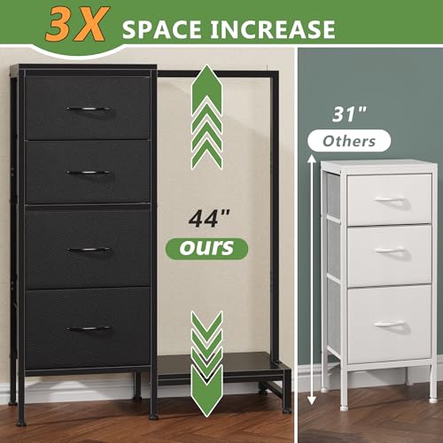 HIGDBFE Dresser with Hanging Rack, 4 Drawers Small Closet for Bedroom, Reversible Fabric Kids Chest of Drawers with Clothes Rack, Tall Storage Tower, Sturdy Frame, Black, 44''H - color: Black