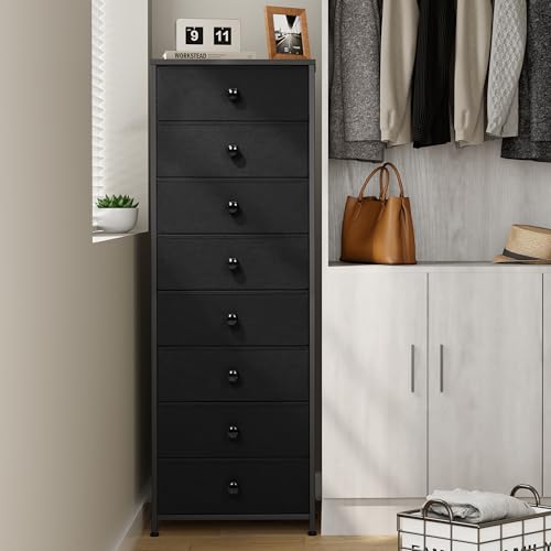 Crestlive Products Tall Dresser, 8-Drawer Fabirc Storage Tower, Chests of Drawers - Vertical Organizer Unit for Bedroom, Hallway, Entryway, Nursery, Closets - Steel Frame, Wood Top & Handles (Black) - color: Black, style: Narrow-8 Drawers