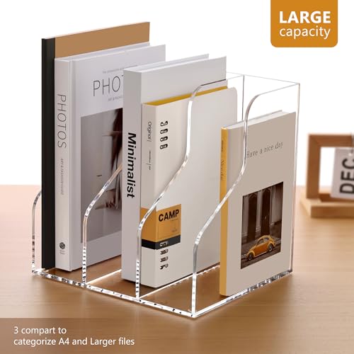 SANRUI Acrylic File Organizer, Clear Magazine File Holder with 3 Vertical Compartments, Desk Organizer for Home School Office Organization, Desk Bookshelf - size: A4, 3 Sections, 1 Pack