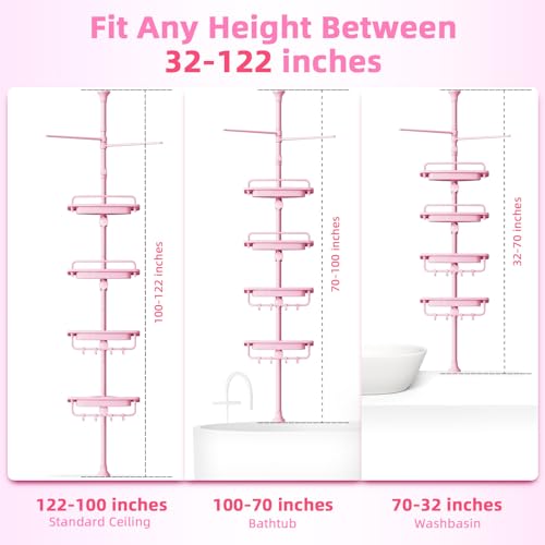XLHOMO 32-122inch Corner Shower Caddy Tension Pole Pink, Rustproof Drill-Free Shower Shelves for Bathroom Bathtub Washbasin, Adjustable Shower Organizer with 4 Tier Patent Stable Shelves & Towel Bars - color: Pink