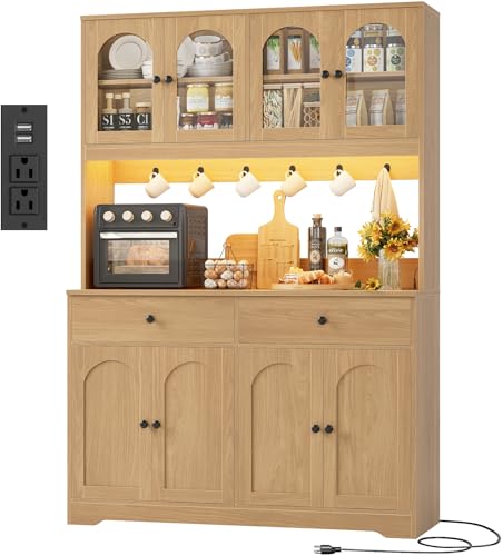 HIFIT 71" LED Kitchen Pantry Cabinet with Power Outlet, Large Kitchen Hutch Storage Cabinet with Arched Door & Shelves & 2 Drawers, Tall Modern Coffee Bar w/Hutch for Home Dining Living Room, Natural - color: Natural
