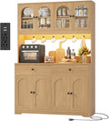 HIFIT 71" LED Kitchen Pantry Cabinet with Power Outlet, Large Kitchen Hutch Storage Cabinet with Arched Door & Shelves & 2 Drawers, Tall Modern Coffee Bar w/Hutch for Home Dining Living Room, Natural - color: Natural