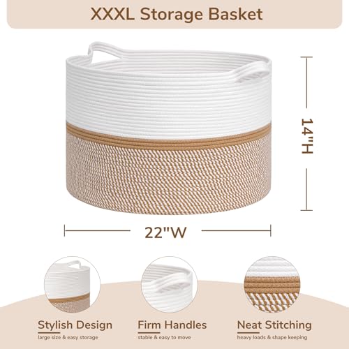 CHICVITA XXL Extra Large Blanket Basket, Cotton Rope Storage Basket for Organizing, Home Decor Woven Basket for Laundry Baby Nursery Decorative Toy Bin, White and Brown, 22" x 22" x 14" - color: White and Brown