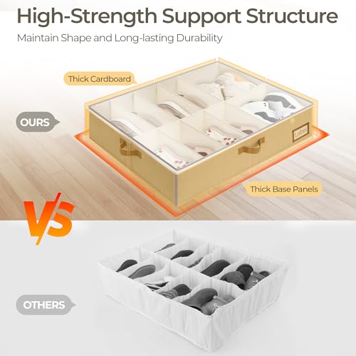 StorageWorks Under Bed Shoe Storage for Closet, 2-Pack Ultra-thick Fabric Shoe Organizer, Collapsible Shoes Containers with Bottom Support, Fits up to 24 Pairs, Taupe - color: Taupe, style: Fixed Divider
