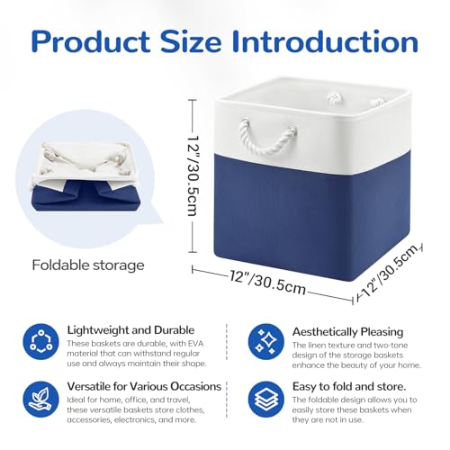 12 x 12 Inch Cube Storage Bins, 4 Pack Fabric Storage Basket with Handles, Foldable Boxes Organizer for Shelf Baskets for Home, Clothes (White/Blue) - color: WhiteBlue, size: 12inX12inX12in-4P