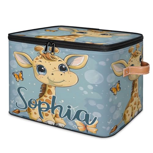 Custom Storage Basket with Name, Personalized Storage Bins with Zipper Lid, Foldable Fabric Storage Box Large capacity with Handle Butterfly Giraffe - color: Option 21