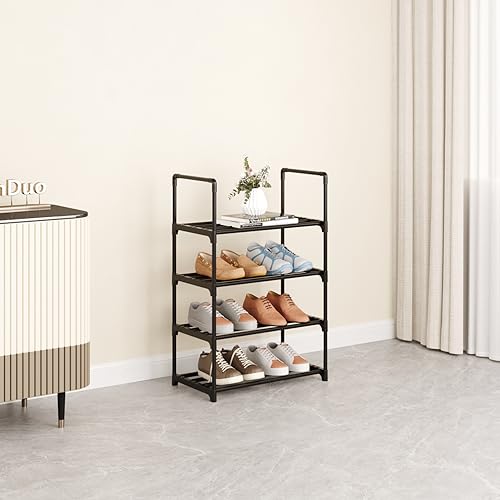 Metal Stackable Small Shoe Rack Organizer, Narrow Shoe Racks for Closets Entryway, Shoe Stand,Shoe Shelf with Handle(4-Tier-Black) - size: 4-Tier-Black