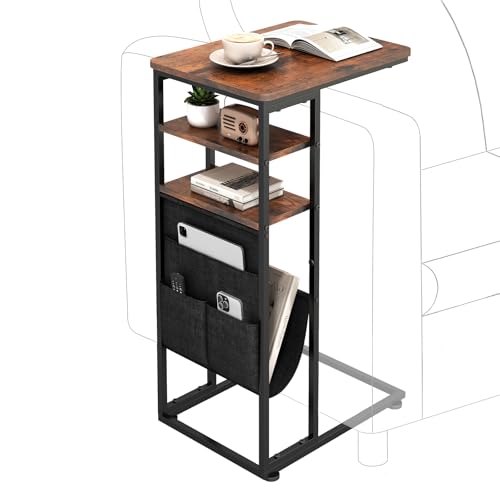 C Shaped End Table 28"(H) 3-Tier C Table with Storage Bag, Under Couch Table C-Shaped End Table with Storage Shelves and Bag for Living Room, Bedroom, or Office - color: Rustic Brown, size: Wood