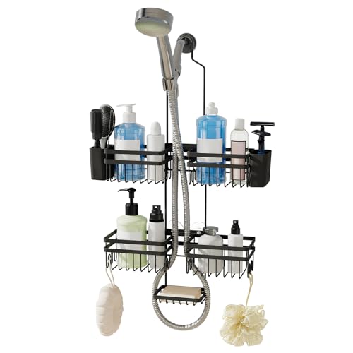 Shower Caddy Hanging for Bathroom Organizers and Storage - 3-Tier Adjustable Anti-Swing Shower Organizer Hanging with Heavy-Duty Suction Cups, Damage-Free Rustproof (Black) - color: BLACK, size: width