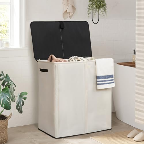 WOWLIVE Laundry Hamper with Lid,160L Large Laundry Basket 3 Section with Removable Washing Bags,Collapsible Waterproof Dirty Clothes Hamper for Laundry Room Bathroom Dorm,Beige - color: Beige, size: 160L (24.8x 14 x 27.5 Inches)