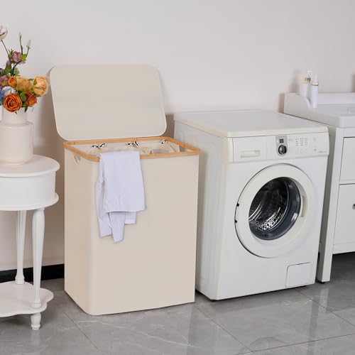 efluky Laundry Hamper with Lid, Trio Laundry Hamper with 3 Removable Bags, 3 Section Laundry Basket with Bamboo Handles for Bathroom, Bedroom & Laundry Room, 160L Beige - color: Beige, size: 160L Trio