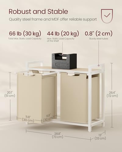 VASAGLE Laundry Hamper, Laundry Basket Sorter with 2 Pull-Out and Removable Bags, Shelf, Metal Frame, 2 x 12.1 Gallons (46 L), 28.8 x 13 x 28.4 Inches, Cappuccino Beige and Natural Beige UBLH201LH01 - color: Cappuccino Beige + Natural Beige, size: 2 Bags
