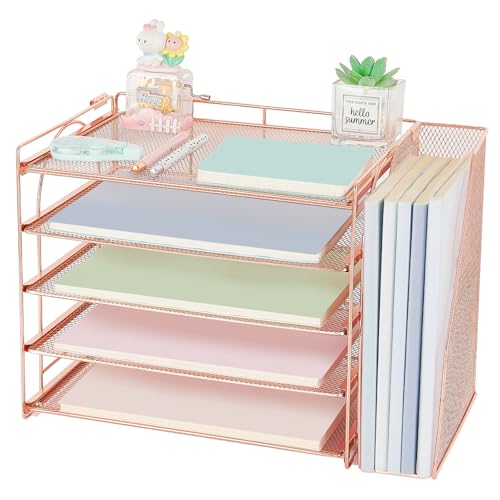 AUPSEN Rose Gold Desk Organizers and Accessories, 5-Tier Desktop Paper File Organizer with Removable File Holder, Desk Accessories & Workspace Organization for Home Office Supplies (Rose Gold) - color: Rose Gold