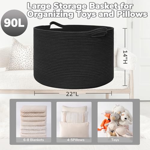 Goodpick Large Blanket Basket, 22"X 14" Woven Rope Baby Basket, Black Blanket Storage for Dirty Clothes, Kids Toy Storage Organizer Bins for Living Room - color: Black, size: 21.7x21.7x13.8 Inch (Pack of 1)