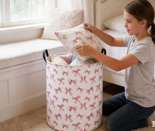 Essme Kids Laundry Basket,Pink Hamper Waterproof Storage Bin for Girls, Pink Hamper,Gift Baskets(Pink Bowknot) - color: Pink Bowknot