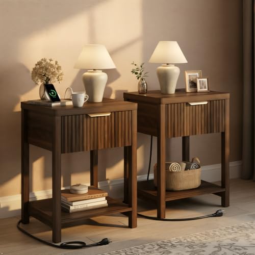 Lulive Night Stand Set 2, Fluted Nightstand with Charging Station, Wood Modern Bedside End Table with Storage Drawer for Bedroom, Save Space (Set of 2, Walnut) - color: Walnut, size: 1 Drawer-Set of 2 Nightstand