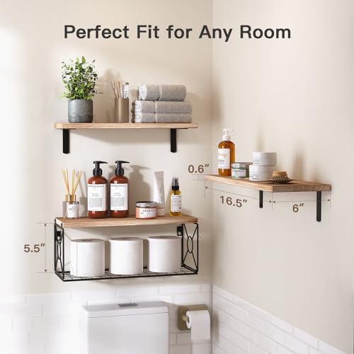Amada Bathroom Shelves Over Toilet with Storage Basket, Floating Wall Shelf for Home Organization & Wall Decor, Bathroom/Kitchen/Living Room Shelves–Natural Wood - color: Natural Wood