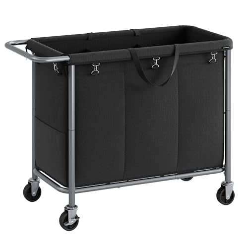 SONGMICS Laundry Basket with Wheels, 3-Section Rolling Laundry Hamper, 52.8 Gallons (200 L), Removable Liner, Steel Frame with Handle, 35.8 x 15.4 x 31.9 Inches, Ink Black URLS005B01 - color: Ink Black, size: 200 L (3-Section), style: Rectangular with han