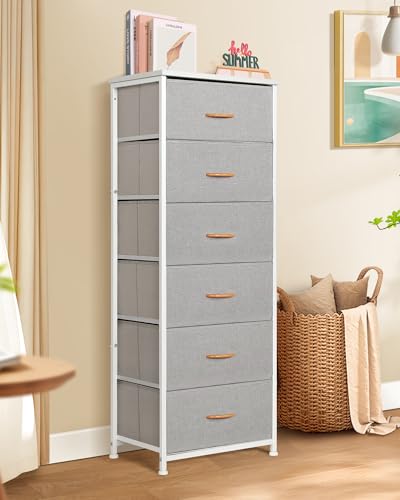 Mifuro Tall Dresser for Bedroom with 6 Drawers, Vertical Storage Organizer Tower, Chest of Drawers with Fabric Bins, Steel Frame, Wood Top for Bedroom, Closet, Entryway- Light Grey - color: Light Grey, size: 6 Medium Drawers