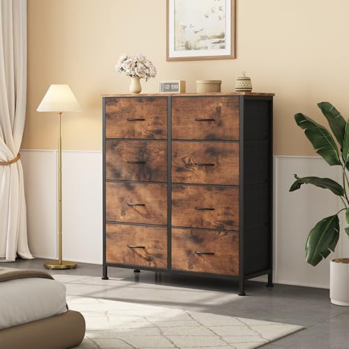 Sweetcrispy Dresser for Bedroom with 8 Storage Drawers, Large Fabric Storage Tower Organizer, Chest of Drawers with Metal Frame Wooden Top for Closet, Living Room, Entryway,Brown - color: Brown, size: 31.5"D x 11.8"W x 36.4"H (8 Drawers)