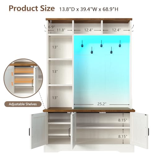 CSZZD Hall Tree with Bench and Shoe Storage, Farmhouse Entryway Bench with Coat Racks and Led Lights, Tall Hall Tree with 7 Coat Hooks, 6 Storage Cubbies, Adjustable Shelf - color: Antique White, size: 39.4"