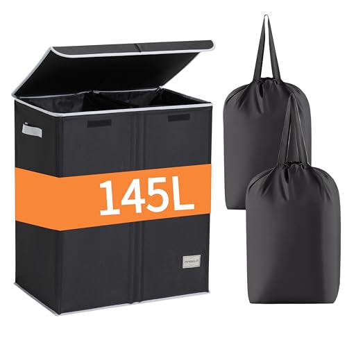 Dual Laundry Hamper with Lid and 2 Removable Liners, 145L Laundry Basket, 2 Sections for Easy Sorting, Collapsible Design, Dirty Clothes Hampers, Bedroom, Dorm, College, Black - size: 145L