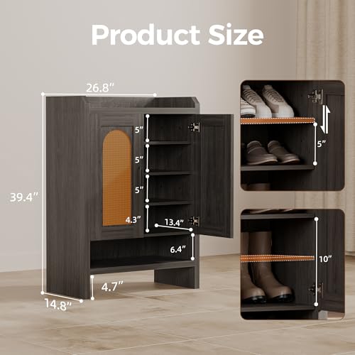 Mericonia 6-Tier Shoe Cabinet Storage for Entryway, Rattan Shoes Organizer Cabinets with Doors, Wooden Shoe Rack, Farmhouse Boho Wood Storage Cabinet (Black, 6-Tier) - color: Black, size: 6-tier