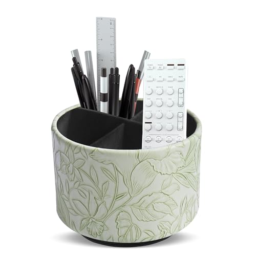 Hennaja Round Leather Art Supply Organizer,Remote Control Holder,360 Degree Spinning,Multi-Functional Pencil Holder,4 Compartments Desktop Stationary Organizer(1-Carved Green) - color: 1-Carved Green