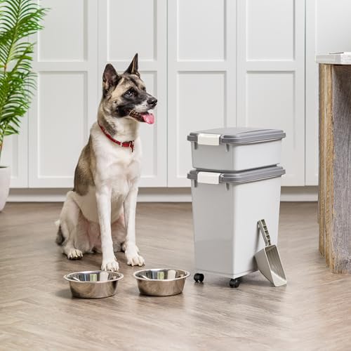 IRIS USA Dog Food Storage Container, 30 lbs & 11 lbs Combo, Cat Food Storage Container, Dog Treat Container, Airtight, Stackable, 2-Cup Scoop, Wheels, Easy Mobility, Gray - color: Gray/Dark Gray