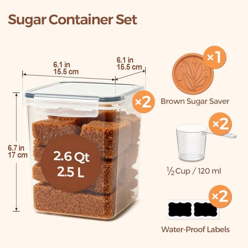 ComSaf Brown Sugar Container Set of 2 (2.5L/2.6Qt), Airtight Food Storage Containers with Lids and Terra Cotta Brown Sugar Saver, Plastic Canisters Sets for Kitchen, Pantry Organizer for Flour, Baking - size: 2.6Qt-Square