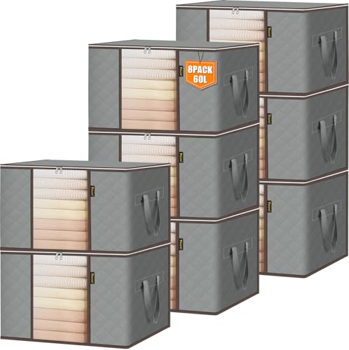 BALEINE 8 Pack Clothes Storage Bags, 16 Gallon Storage Containers with Reinforced Handle, Sturdy Zipper, Closet Organizer for Blanket, Comforter, Pillow, Bedding (Grey, 8 Pack) - color: Grey, size: 8 Pack-16 Gallon
