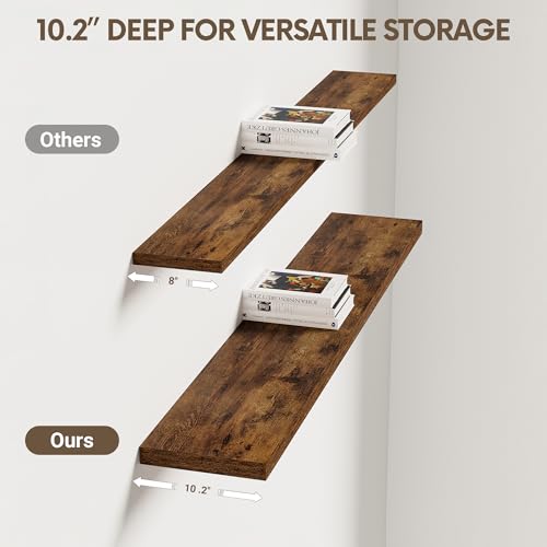 Vivelove 10 Inch Deep Floating Shelves 48 inch Long, 47.2 x 10 Wide Wall Shelves with Invisible Brackets, for Bedroom Bathroom Living Room Kitchen Office, Farmhouse Home Decor, Set of 2, Rustic Brown - color: Rustic Brown, size: 47.2”Wx10.2”Dx1.5”H