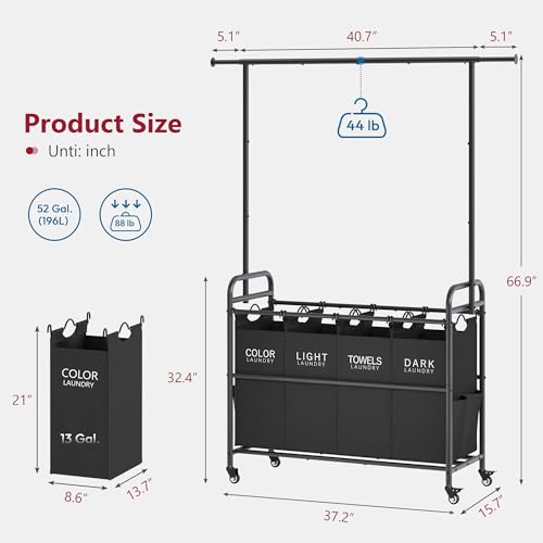 Tajsoon Laundry Sorter Cart with Hanging Clothes Rack, 4 Butler Sorter Basket Organizer, Laundry Hamper Cart with Heavy Duty Rolling Lockable Wheels, Black - color: Black, size: 4 bag
