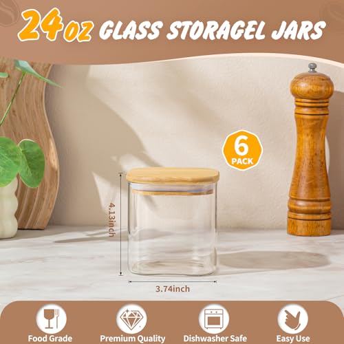 SENTVEND 24 Oz Glass Storage Jars with Bamboo Lids - 6 Pack Clear Glass Canisters Square Airtight Stackable Ideal for Pantry Storage Containers Organizers Great for Storing Oats Coffee Beans Nuts etc - color: 24 OZ-Clear