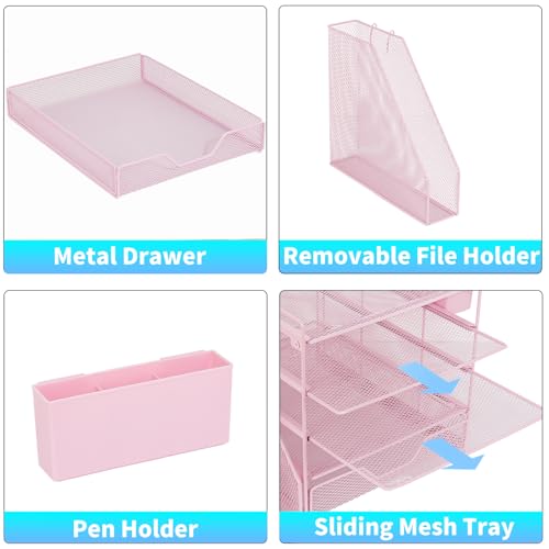 Desk Organizer, 5-Tier Paper Letter Tray Organizer with File Holder, Drawer and Pen Holder, Desktop Organizer for Office Supplies, Pink - color: Pink