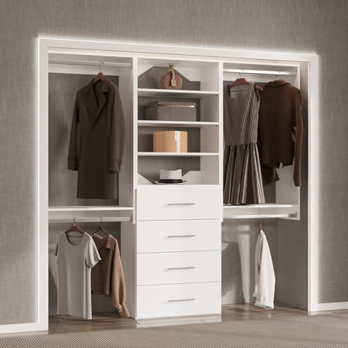 Modular Closet System, 84" Wide Closet Organizer System with Hanging and Drawers, Wood Tower Closet Storage for Walk In Closets, Wall Mounted Wardrobe Organizer Kit System, Bedroom, White - color: White, size: 84" Wide, style: Double Hanging*2 + 4 Drawer