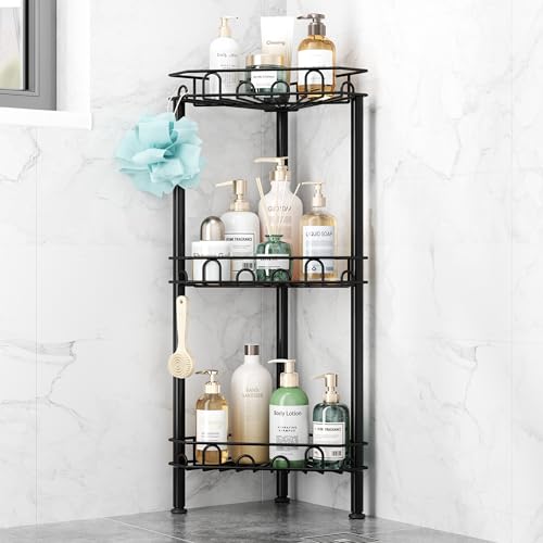 SWTYMIKI Standing Shower Caddy Corner - 3‑Tier Stainless Steel Shower Organizer Shelf with 12 Hooks and Adhesive Pads, Rustproof Corner Shelves Stand Rack for Bathroom Shower Room, Black - color: Black