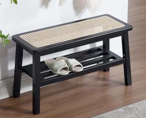 ROCITY Black Rattan Entryway Bench Wood Bench with Shoe Rack 30 Inch Small Bench Seat Storage Indoor Wooden Dining Bench Farmhouse Vintage Rustic Accent Bench for Porch/Dining Room/Living Room - color: Black