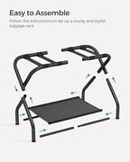SONGMICS Luggage Racks, Set of 2, Suitcase Stand with Fabric Storage Shelf, for Guest Room, Bedroom, Hotel, Foldable Steel Frame, Holds up to 110 lb, 27.2 x 15 x 20.5 Inches, Black URLR002B02 - color: Black, style: with Shelf