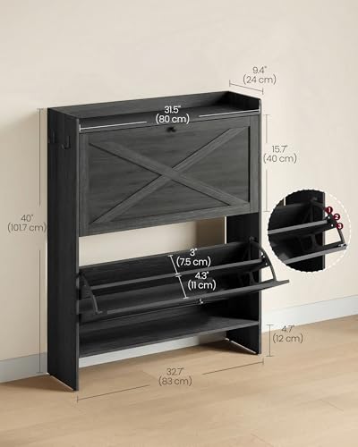 VASAGLE Shoe Storage Cabinet Organizer with 2 Flip Drawers, Freestanding Narrow Shoe Rack Cabinet for Entryway, Farmhouse Style, Fits 14 to 16 Pairs, Smoky Black UHSC203BJ01S - color: Smoky Black
