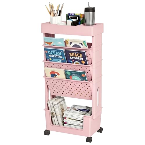 5-Tier Mobile Bookshelf, Rolling Bookcase Book Storage Rack, Movable File Folder Organizer Cart with Wheels for Home Study Office Living Room Classroom, Light Pink - color: Light Pink, size: 5-Tier
