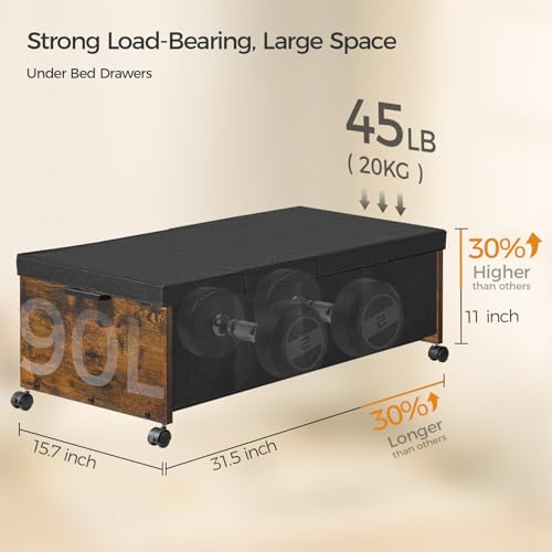 FOUCSSOMEI Under Bed Drawers on Wheels, XXXXL Size, UnderBed Storage with Wheels, Wooden Under Bed Storage, Heavy Duty, Patented Design - color: Rustic Brown, size: Quadruple Size