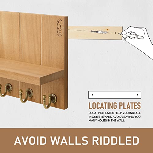 Rebee Vision Decorative Key Holder for Wall Shelf - Farmhouse Wood Wall Hanging Mail Organizer with 7 Sturdy Key Hooks for Home Entryway Decor - Stylish Key Racks (Light Brown,15-inch) - color: Light Brown, size: 15-inch