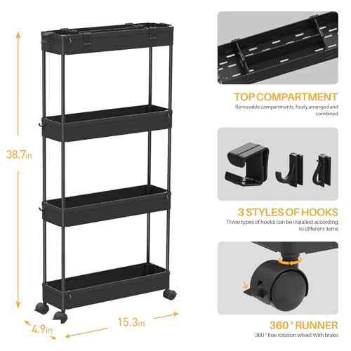 SPACELEAD Slim Storage Cart 4 Tier,Bathroom Organizer Rolling Utility,Mobile Shelving Unit Slide Out for Office, Kitchen, Laundry Room & Narrow Places,Black - color: Black