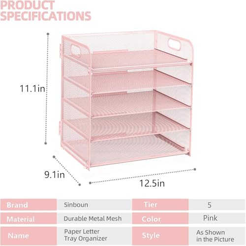 Sinboun Letter Tray Paper Organizer 5-Tier Desk Organizer File Organizer Paper Holder with Handle, Metal Desktop Document Shelf Tray Office Classroom Organization - Pink, PK5CENGTISHOU - color: Pink