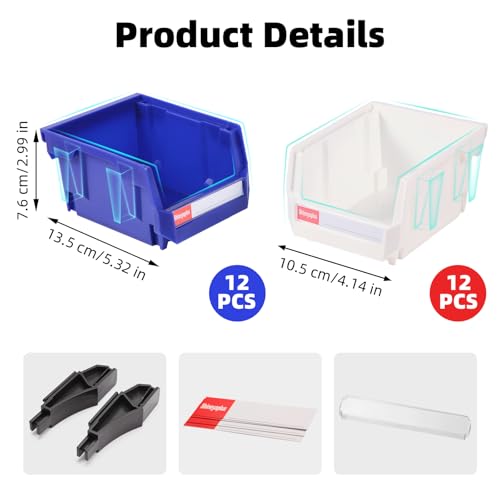 Plastic Storage Bins 24 Packs, Space-Saving Stackable Parts Bins for Garage,Tools, Small Parts Organization Bin-5x4x3 Inch (Blue & White) - color: Blue & White 24pack, size: 5x4x3 inch