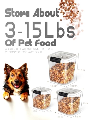 LivLab Mker Airtight Dog Food Storage Container 20 lbs, Pet Food Storage Bin with Lid 4 lbs & 6 lbs & 10 lbs, 3 Pack, Cat Treat Container, Stackable, 3 Measuring Cup, Save Space,White - color: 20LBS-3Pack-White-2