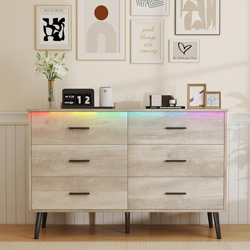 Grey Dresser for Bedroom, Dressers & Chests of Drawers for Clothes Storage, Wood Dresser for Closet with 6 Drawers, Wide Long Clothes Organizer with LED Light for Hallway, Entryway, Metal Handles - color: Grey